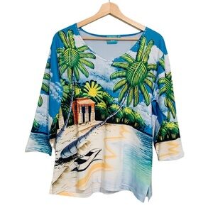 Tropical Island Top 3/4 Sleeves V Neck Kristen’s Kloset Large Beachy Coastal